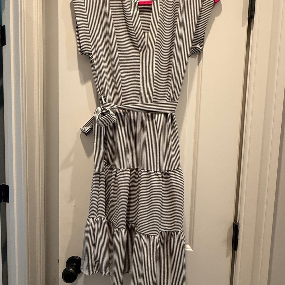 Monteau blue and white seersucker Midi V-Neck Flutter Sleeve